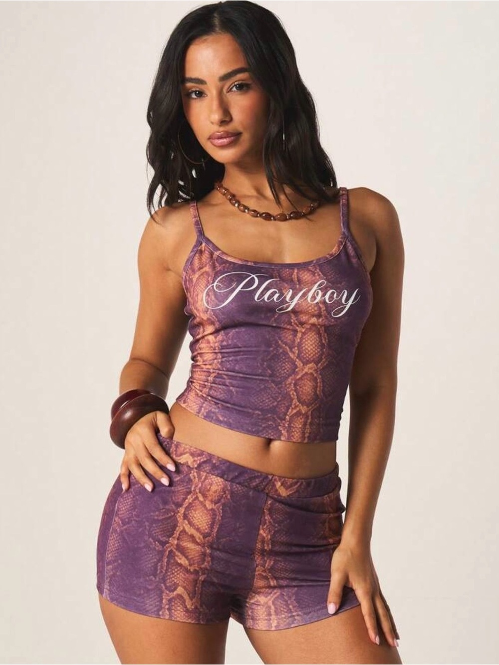 PLAYBOY Purple & Brown Snakeprint Crop Tank and Shorts